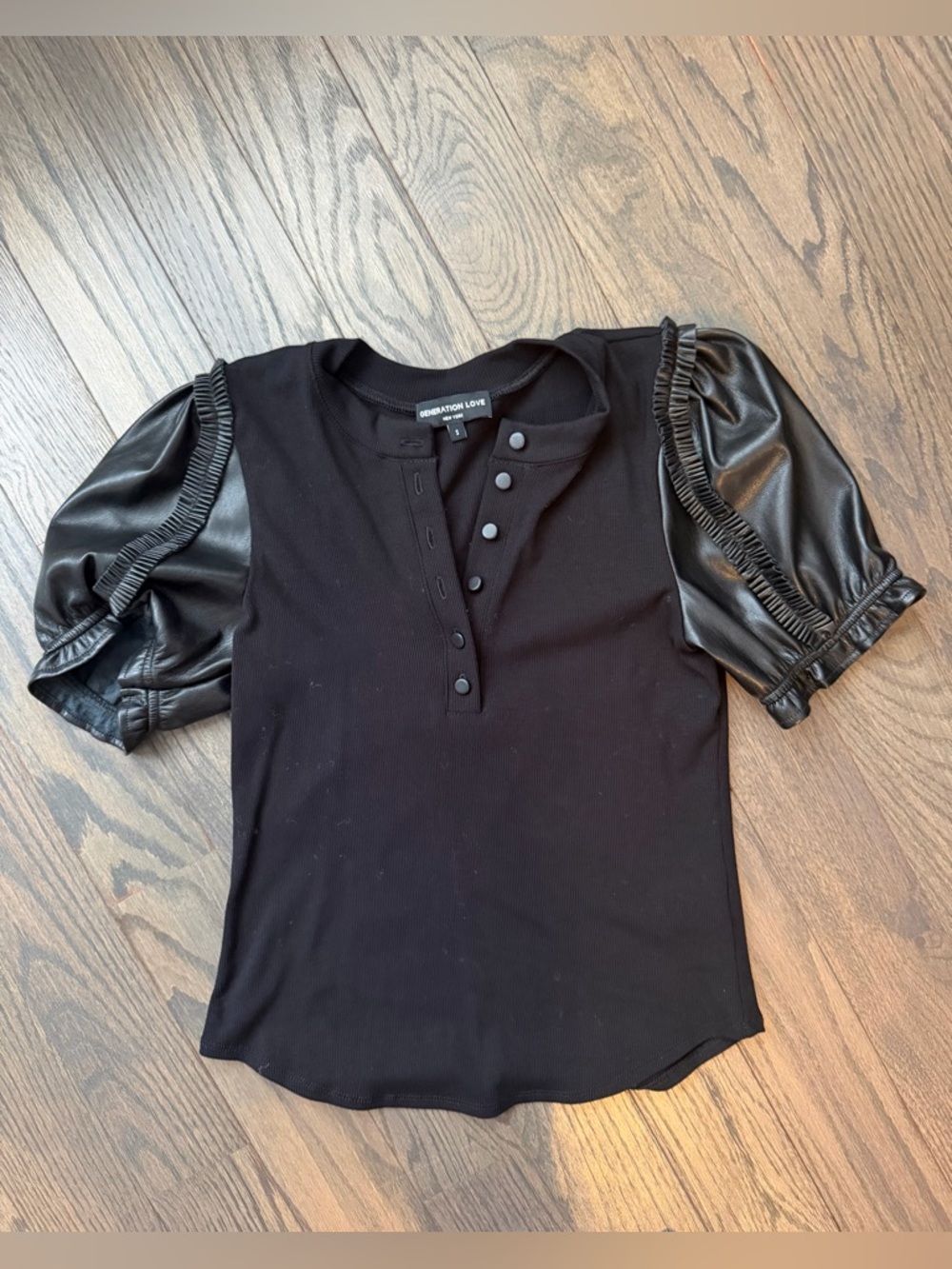 Generation Love Black Puff Sleeve Henley Top with Faux Leather Sleeves - size S